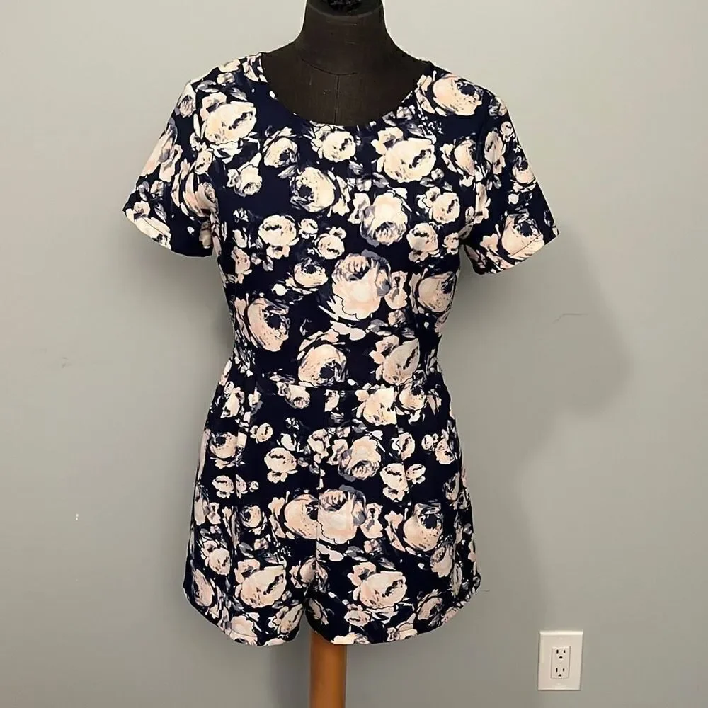 Lush Women's Navy and Pink Floral Back Zipper Short Sleeve Romper